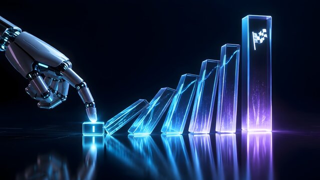 Robotic Hand Pushing Glass Dominoes Towards Checkered Flag Goal in Artificial Intelligence Concept