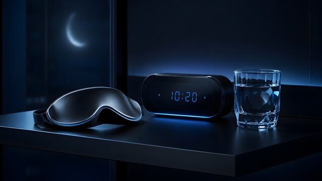 Nightstand with Digital Alarm Clock Sleep Mask and Glass of Water Concept of Healthy Bedtime Routine
