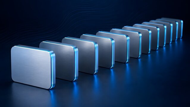 Row of Metallic Blocks with Glowing Blue Edges Concept of Blockchain Technology and Sequential Data