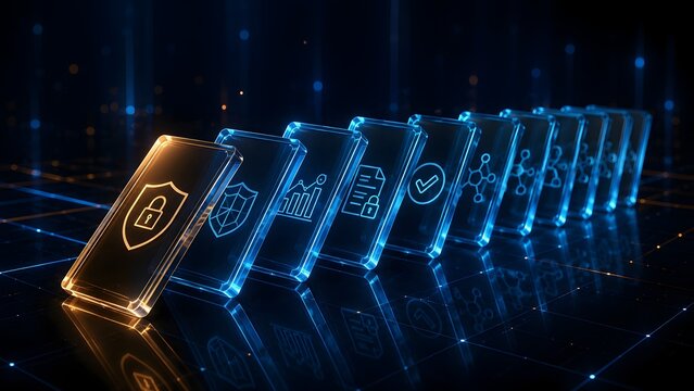 Digital Cybersecurity Concept with Glowing Glass Dominoes Displaying Data Protection and Privacy Icons