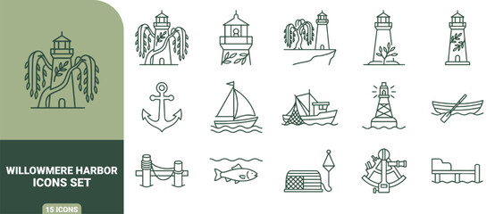 Willowmere harbor icons set featuring outline of lighthouses, sailboats, anchor, fishing boat, and nautical equipment © Gra-fix PNG