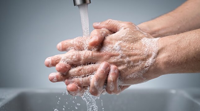 Washing hands with soap and water under faucet close up