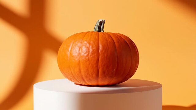 Perfect orange pumpkin rotating slowly on white pedestal against warm gradient background for autumn or Halloween theme