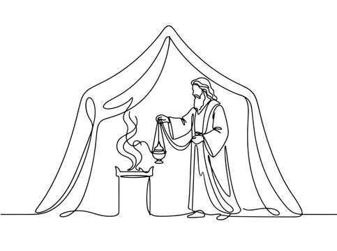 Hebrew leader burning incense in tabernacle. Old Testament worship. Continuous line art vector illustration