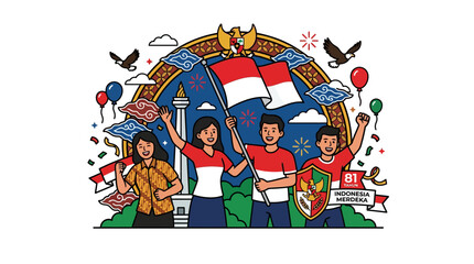 Fototapeta premium indonesian people celebrating independence day with flags and national symbols