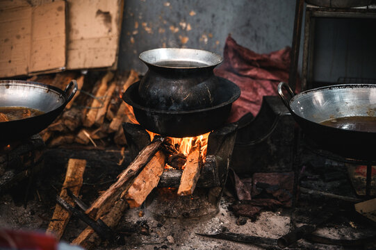 Traditional Lao cuisine cook over wood fire in Laos