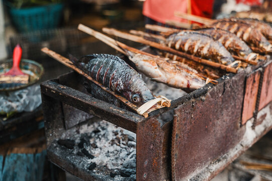 Grilled fish at a traditional market in Luang Prabang Laos