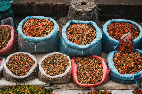Dried chili peppers in sacks at Luang Prabang market