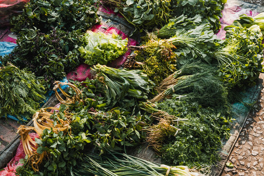 Fresh herbs for sale at Luang Prabang market in Laos