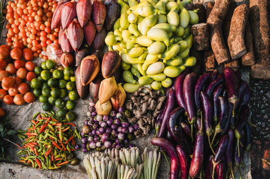 Tropical vegetable stall at Luang Prabang market in Laos