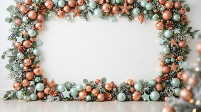 Festive Christmas Ornament Frame with Greenery and Baubles.