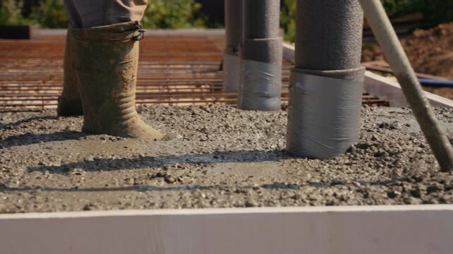 Construction workers wearing rubber boots are compacting and leveling freshly poured concrete on a rebar reinforced foundation slab using an internal poker vibrator to remove air bubbles