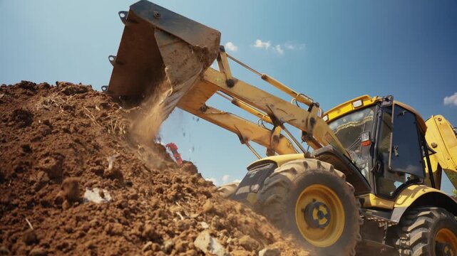 Heavy machinery at work on a construction site with a yellow backhoe loader dumping a bucket of soil onto a large mound of earth under a clear blue sky during earthmoving operations