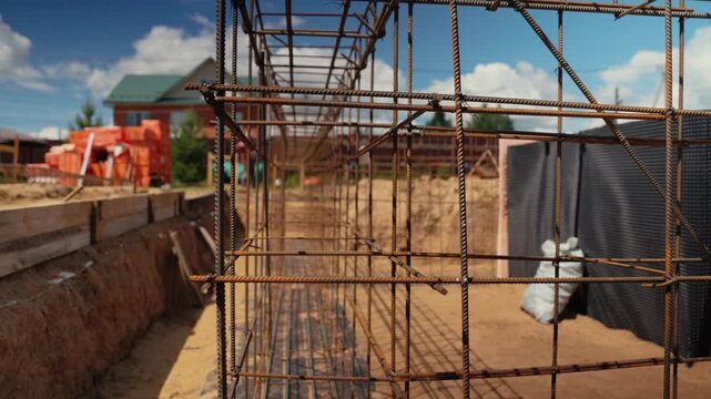 Steel reinforcement cage placed inside a foundation trench at a residential building site, preparing for concrete pouring to create a strong base for a new home during a sunny day
