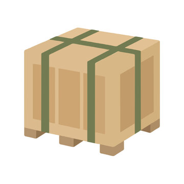 Hand-traced vector icon illustration of a sealed wooden shipping crate with green strapping bands on a pallet base, isometric style, tan cardboard packaging box with cross straps for secure freight