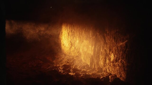 Intense fiery blast from a powerful engine creating a massive plume of smoke and dust, illuminating a rocky surface in the dark with a dramatic glow and powerful concussion