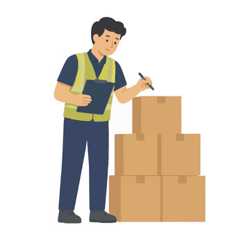 Warehouse employee counting stacked cardboard boxes with clipboard in flat vector illustration style, hand traced icon for logistics and inventory management