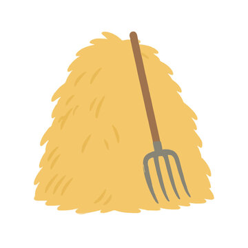 Hand-drawn vector illustration of a rustic wooden pitchfork leaning against a golden haystack, featuring textured straw details in a charming countryside farm icon style