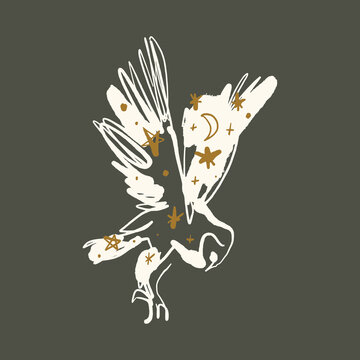 Hand drawn mystical arctic owl minimalistic vector sketch featuring celestial stars space elements magic bohemian vibe line art illustration