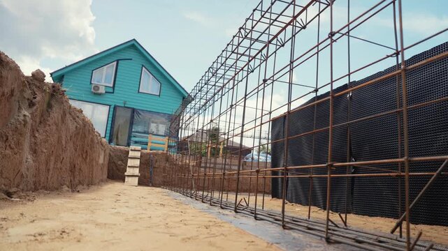 Construction site showing the reinforcement steel cage for a concrete foundation wall, with dimpled membrane for waterproofing, next to an excavated trench and a blue house in the background