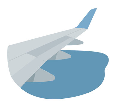 Hand-drawn vector illustration of an airplane wing soaring above the ocean with gentle rolling waves, rendered in soft blue tones as a clean graphic icon symbolizing travel, flight, and scenic