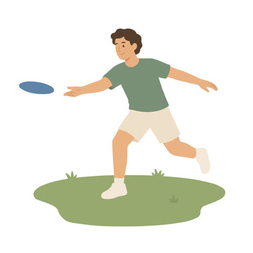 Young man throwing a frisbee disc while running on a green grassy field, hand-drawn vector illustration of outdoor recreation and active lifestyle in flat cartoon style