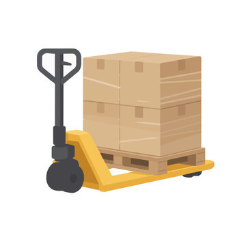 Hand-traced vector icon illustration of a yellow pallet jack carrying a wooden pallet stacked with wrapped cardboard boxes for warehouse logistics and shipping