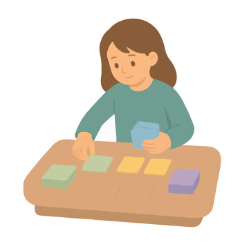 Smiling girl at wooden table organizing colorful flashcards for study session in cheerful hand-drawn vector illustration style, vibrant flat cartoon character with brown hair and teal sweater