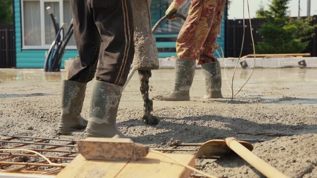 Group of unrecognizable builders in rubber boots pouring fresh concrete from a pump hose onto a reinforced steel mesh foundation during the construction process of a new residential house