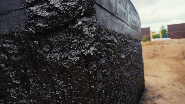 Freshly applied black bitumen mastic waterproofing the foundation of a house under construction. Damp proofing membrane protects the concrete base from moisture on a new building project site