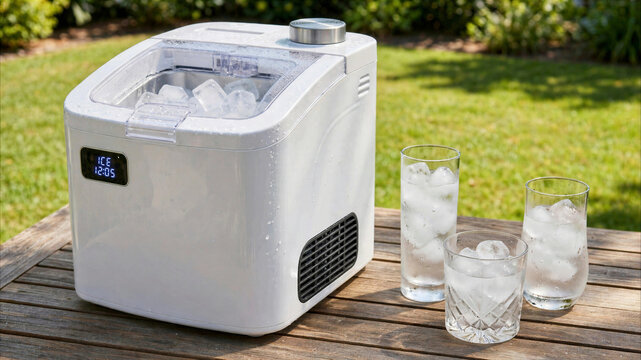 Modern portable ice maker machine on a wooden table with glasses of iced water outdoors