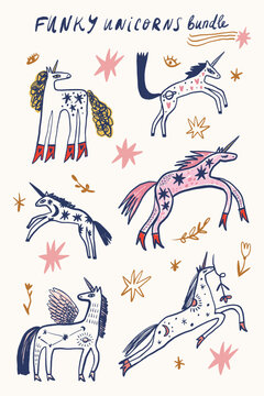Cartoon funky unicorns bundle featuring magical pegasus, stars, planets, eye symbols, floral elements, childish apparel accessory motif and celestial moonchild details set