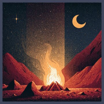 A warm riso palette shows a bonfire burning in the mountains at night with stars and a crescent moon in the sky.
