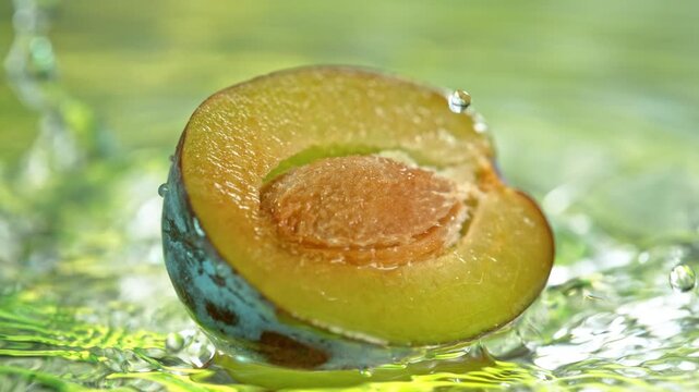 Super Slow Motion Shot of Plum Falling into Water and Making Splash at 1000fps.