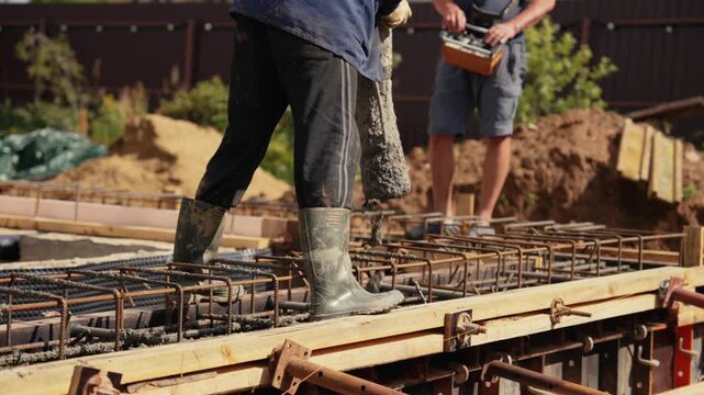 Two builders working at a construction site, pouring wet concrete into a rebar reinforced formwork using a concrete pump hose to create the foundation for a new residential building