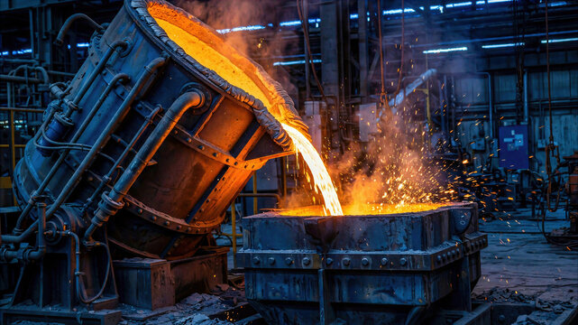 Industrial molten metal pouring from ladle into mold in foundry with bright sparks