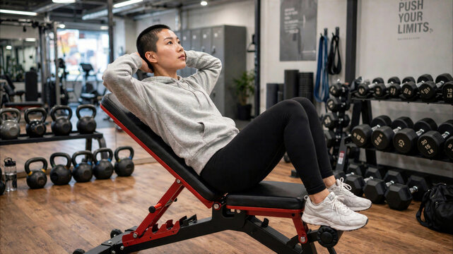 Asian woman with short hair performing sit-ups on an adjustable bench in a gym