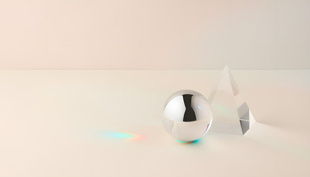 A polished chrome sphere reflecting a spectrum of light and a clear triangular prism on a smooth, pastel-colored surface

