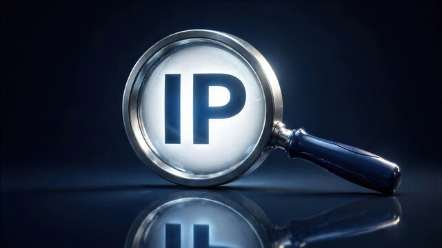 Magnifying glass focusing on the letters IP representing intellectual property and internet protocol search concept