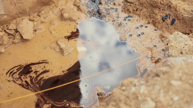 Close up of a dark crude oil stain spreading in a puddle of water, contaminating the environment with a viscous toxic liquid. The sky reflects on the polluted surface of the water