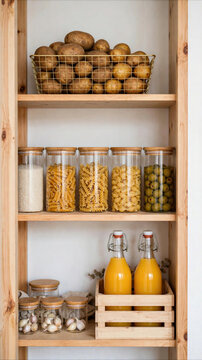 Organized Kitchen Pantry with Food Stored in Glass Jars and Wooden Shelves
