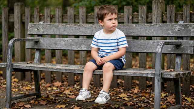 Sad young boy with pouting expression sitting alone on a weathered wooden park bench in autumn.
