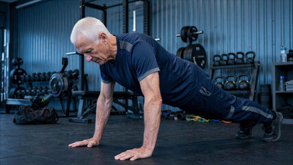 Fototapeta premium Senior man performing push-ups in gym setting. Fit elderly male doing strength training on floor. Healthy active lifestyle and aging concept.