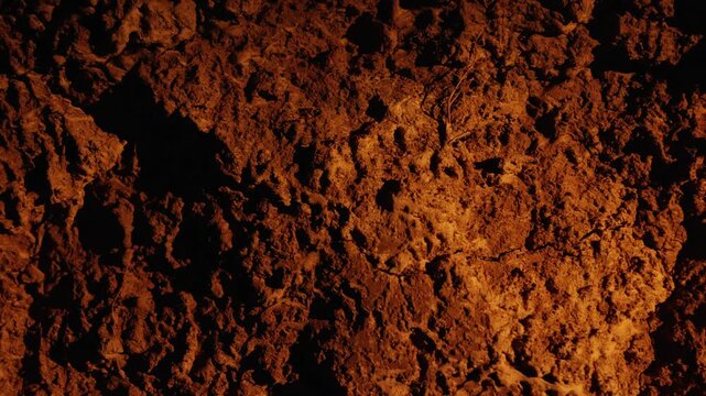 Dramatic warm light, perhaps from a campfire or torch, casting moving shadows across a detailed and rugged earthy texture, creating a mysterious and primal atmosphere for any background