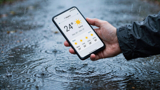 Smartphone displaying sunny weather forecast in Madrid while held over a rainy puddle, waterproof phone concept.