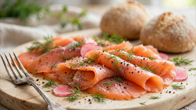 Sliced Smoked Salmon with Dill, Radish and Bread Rolls on Rustic Wooden Board