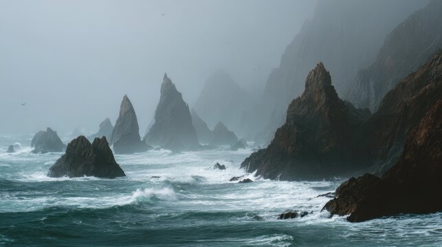 Dramatic misty coastal sea stacks with crashing waves and rugged cliffs