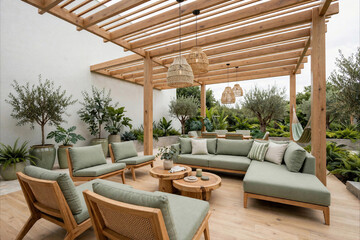 Fototapeta premium Modern luxury patio garden with wooden pergola, sage green outdoor furniture set, and comfortable sofa area for outdoor living