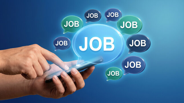 Man Using Smartphone for Job Search App with Hologram Speech Bubbles Graphic, Mobile Employment Recruitment Opportunity and Digital Human Resources Hunting Vacancy Concept