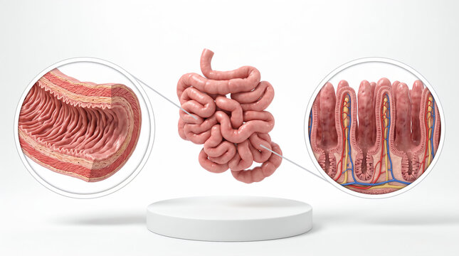 Detailed anatomical illustration of human small intestine with magnified views of villi and intestinal wall structure